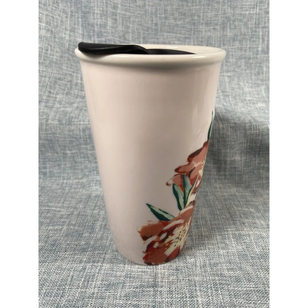 Starbucks 2015 Ceramic Travel Mug Tumbler Floral Poppy 10 oz. Black Plastic Lid
